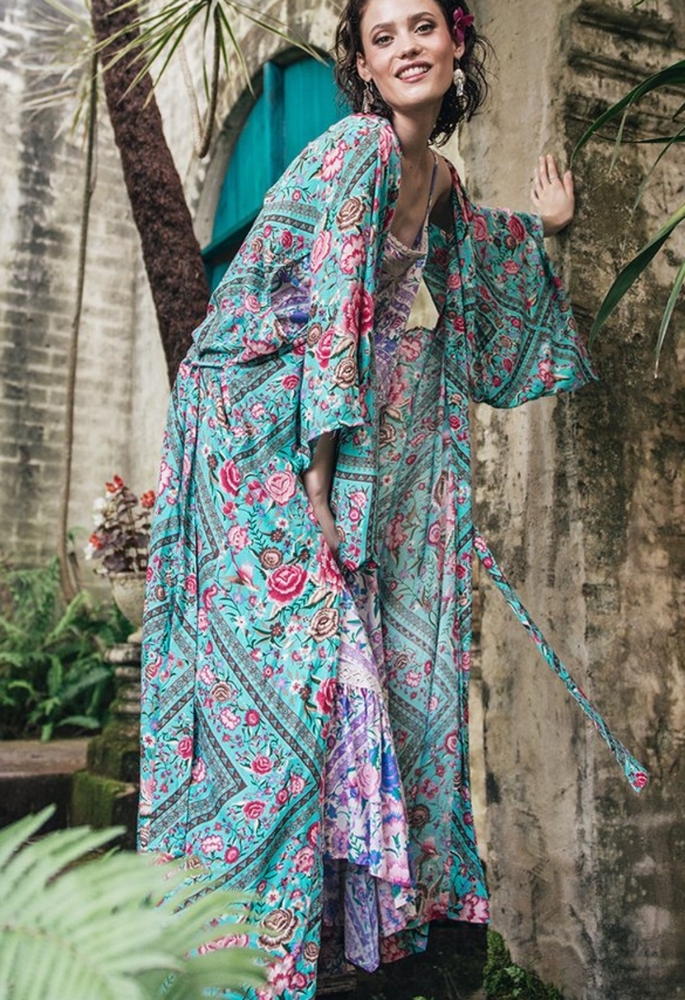 Spell and the Gypsy Babushka Kimono Turquoise NWT S/M Pink Brown Rose Print